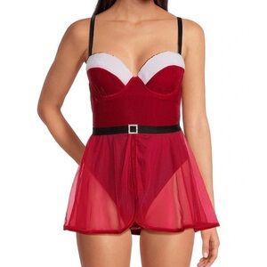 Sexy Santa Sweetheart Neck Padded Cup & Tulle Skirted Bodysuit